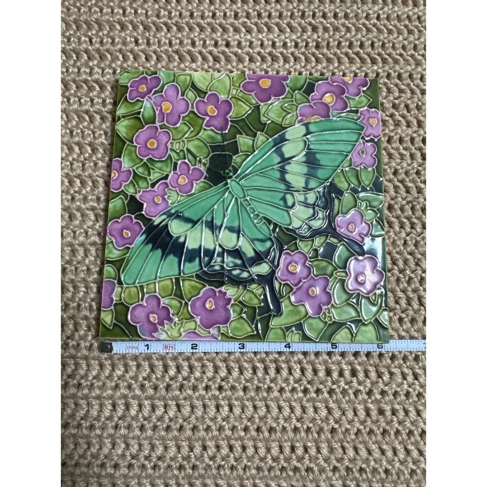 Green Butterfly and Purple Flowers 6x6 Decorative Ceramic Art Tile Wall Plaque